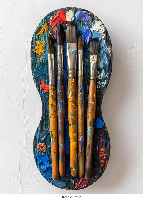 colorful paintbrushes on a wooden palette