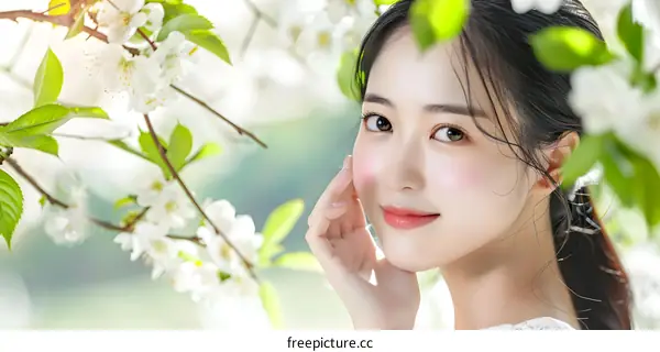 Beautiful Asian Woman with Blooming Flowers in Spring
