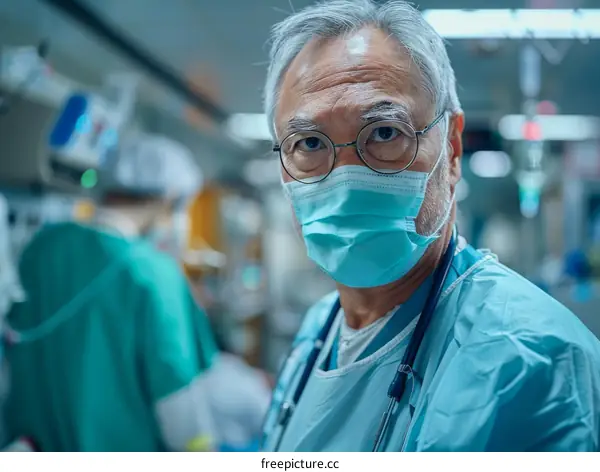 Portrait of a male doctor wearing a surgical mask and glasses in a hospital setting
