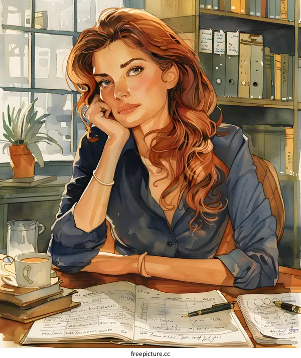 portrait of a beautiful young woman sitting at a desk and thinking