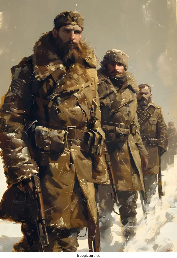 Three soldiers in winter gear walking through the snow
