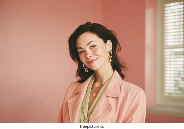 Smiling Woman in a Pink Jacket Against a Pink Wall