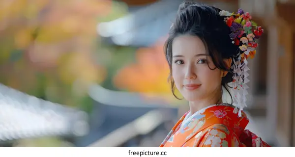 Portrait of a beautiful Japanese woman in traditional kimono