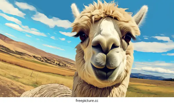 A Friendly White Fluffy Alpaca with a Happy Expression on its Face