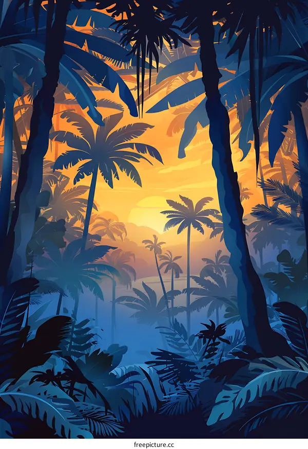 Tropical Jungle Sunset Illustration with Palm Trees
