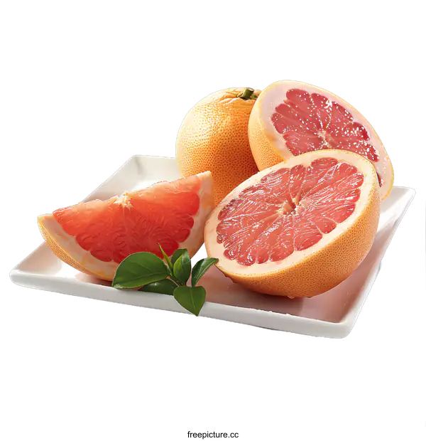 [Transparent Background PNG]Freshly Cut Grapefruit on White Plate