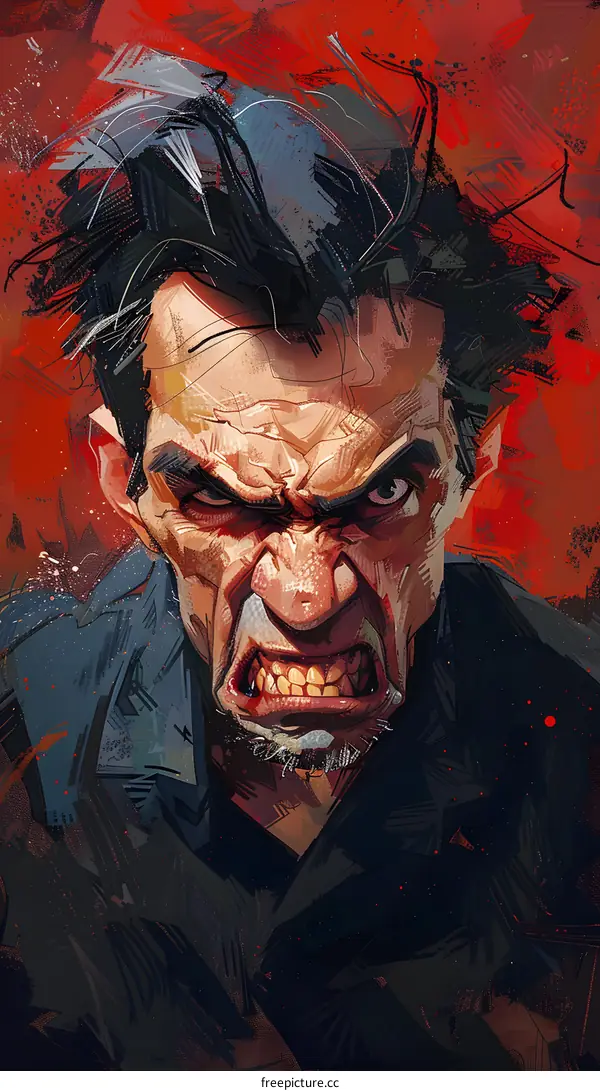 A digital painting of a mans face with a red background.