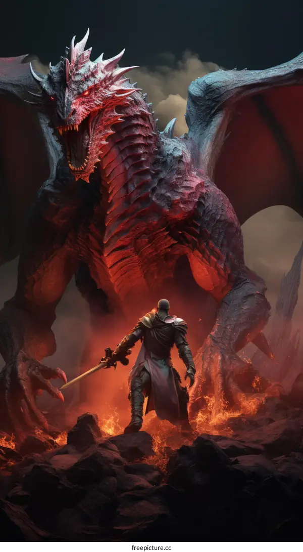 A knight is fighting a dragon in a fiery landscape