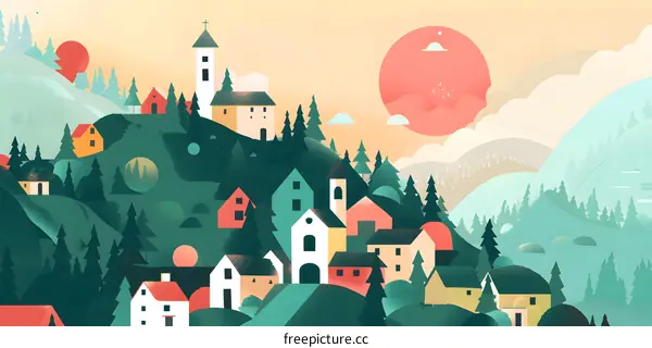 Colorful Illustration Of Small Town In Mountains