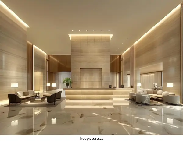 Modern hotel lobby interior with marble walls and stone floor