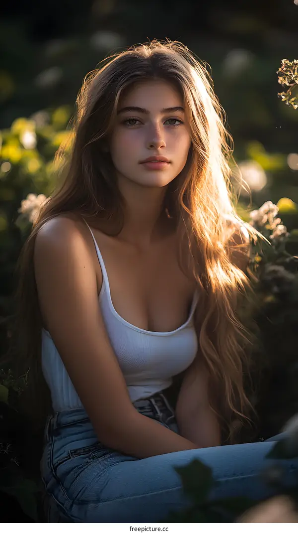 Portrait of a Young Woman with Long Blonde Hair in a White Tank Top and Blue Jeans