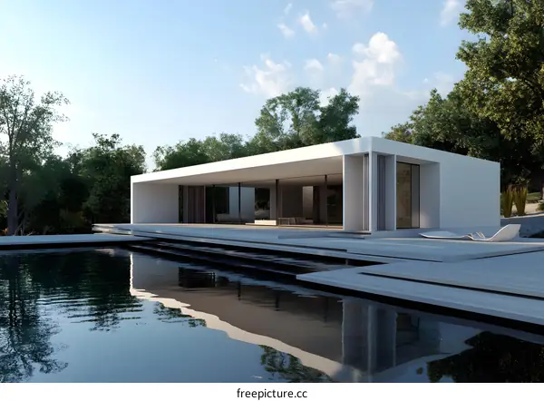 Modern Minimalist House with Swimming Pool and Surrounding Greenery