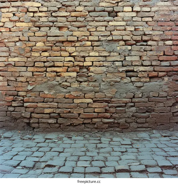 Old brick wall texture with weathered bricks and cracked plaster