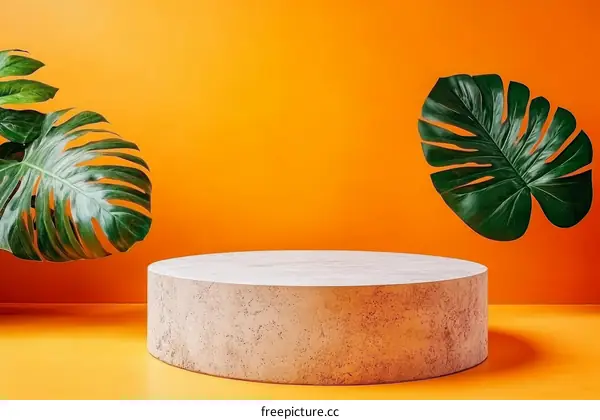 Abstract Orange Background with Tropical Leaves and Display Pedestal