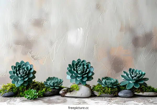 Green Succulents on Rocks with Moss Background