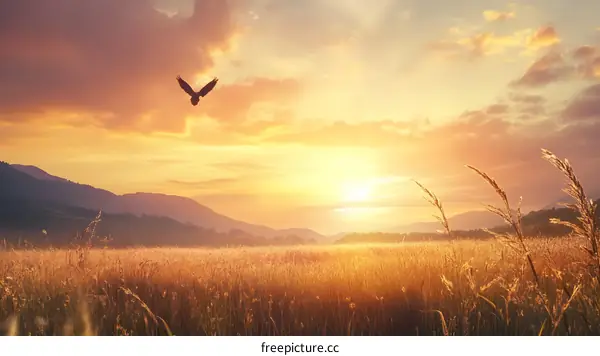 Golden Sunset Over Mountains with Hawk in Flight