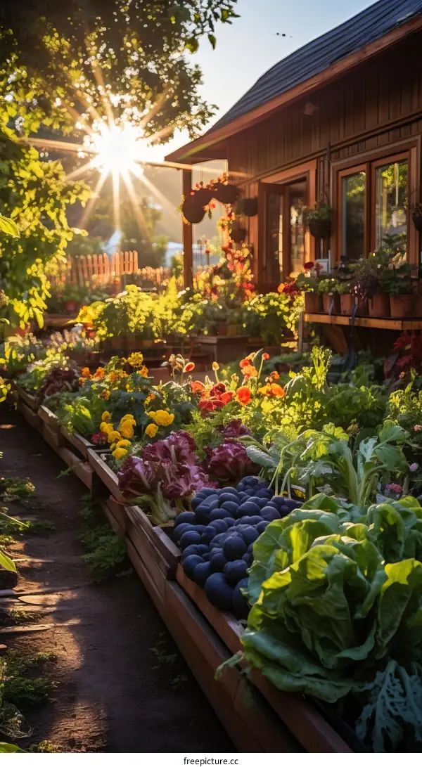 Vibrant Vegetable Garden with a Rustic Wooden Cottage