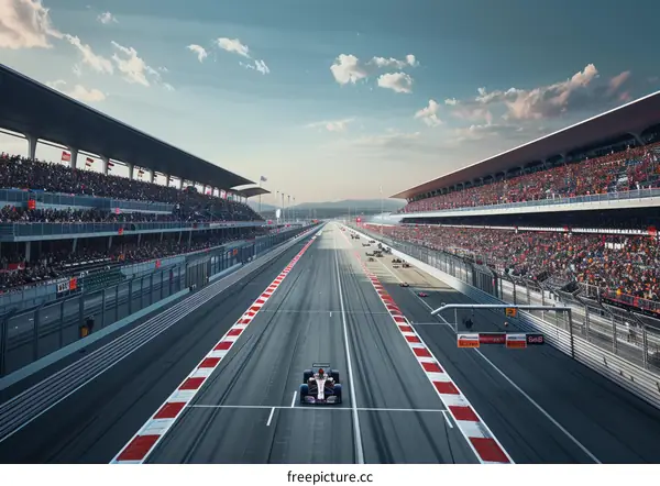 Formula One race cars speeding down a track