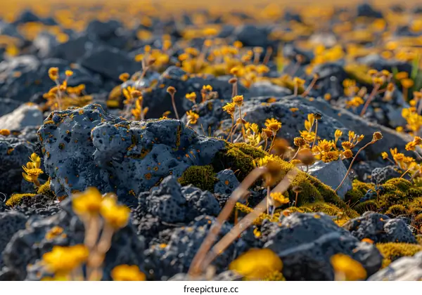 Closeup of Yellow Flowers Growing on Rocks in Iceland