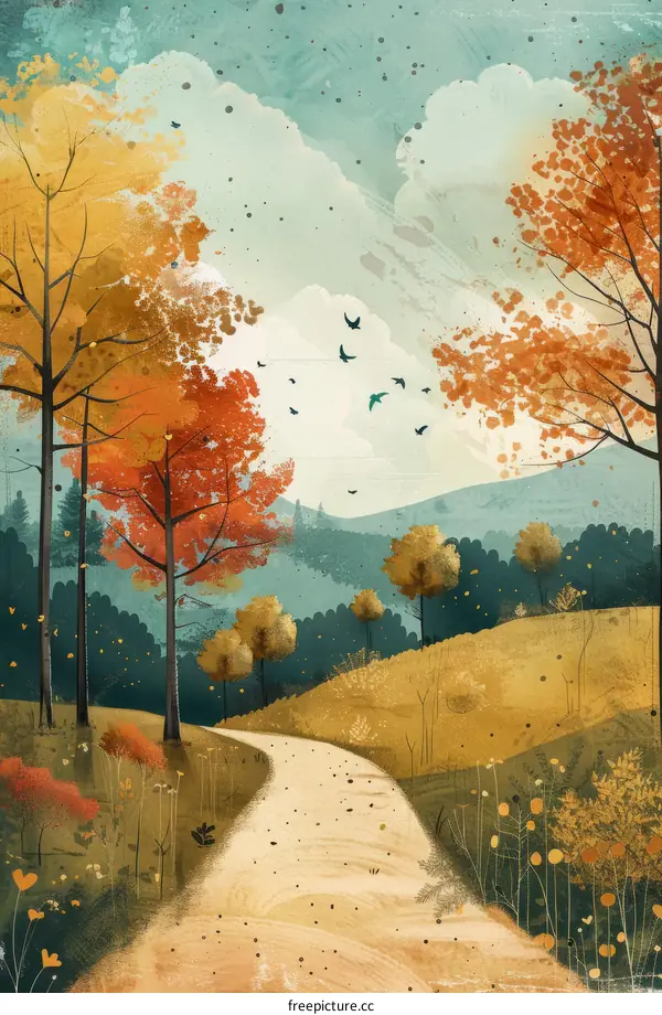 Countryside in autumn with trees and hills