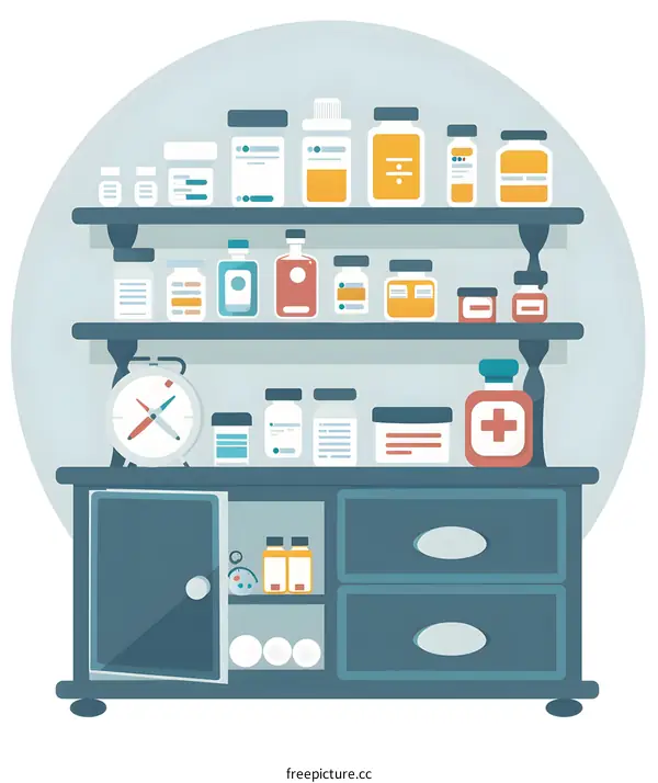 Medicine Cabinet with Bottles and Alarm Clock