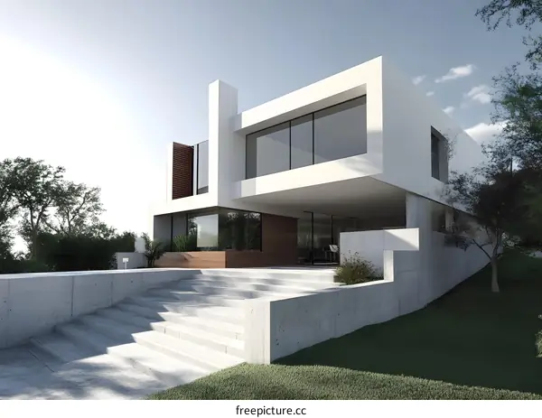 Modern Minimalist White House with Concrete Steps