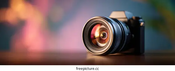 Close-up view of a modern camera lens