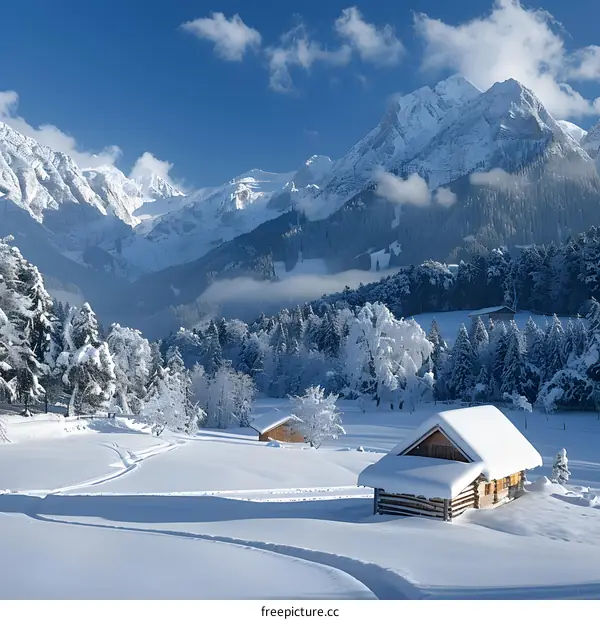 A winter wonderland of snow-covered trees and mountains with a cabin nestled in the foreground