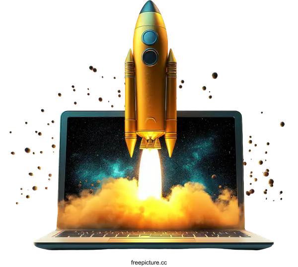 [Transparent Background PNG]Rocket Launching from Laptop Screen Illustration