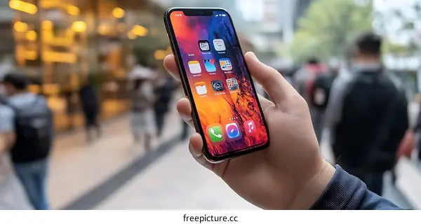 Person Holding Smartphone with Apps Open in a Busy City