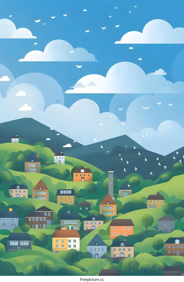 Colorful Illustration of Houses in Hills with Blue Sky and Birds