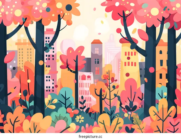 Colorful Cityscape Illustration with Trees and Flowers