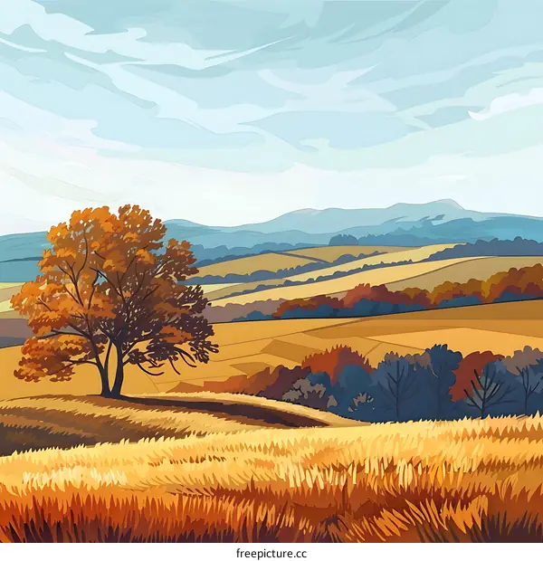 Autumn Landscape with Single Tree and Rolling Hills