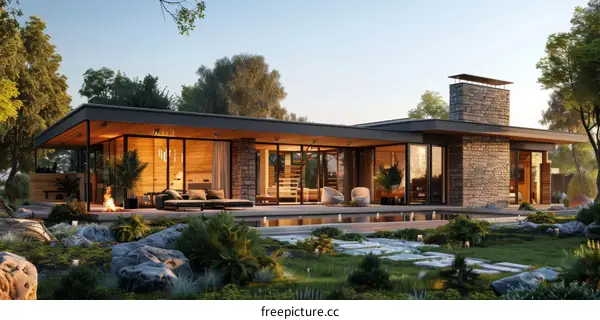 Modern House Exterior Design with Pool and Stone Fireplace