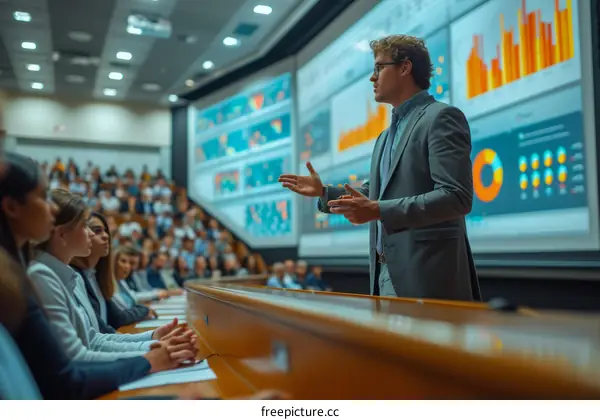 Professor giving a lecture in a college classroom