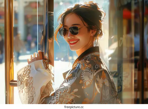 An East Asian woman with sunglasses smiling in front of a door