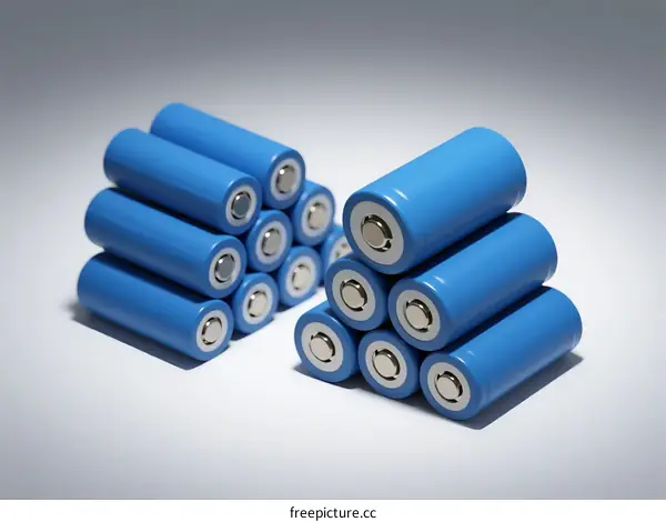 A group of blue cylindrical lithium-ion batteries on white background
