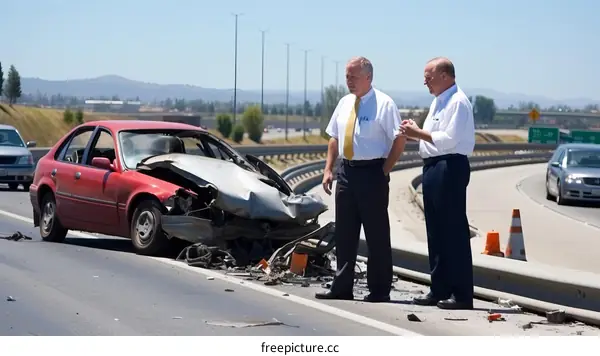Two men standing in front of a wrecked car on the side of the road