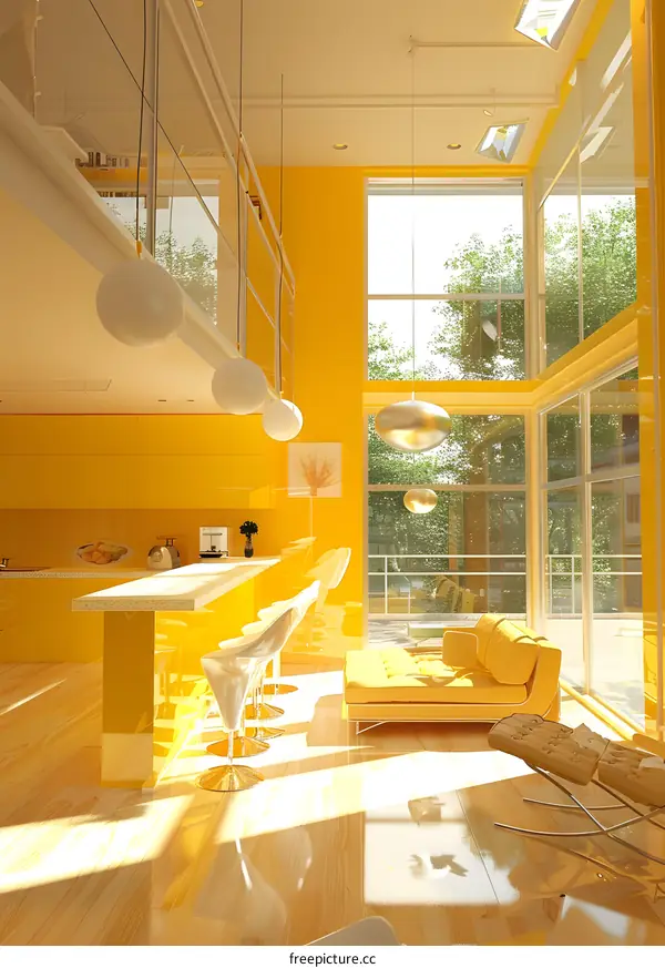 Modern Yellow Interior Design with Glass Balustrade