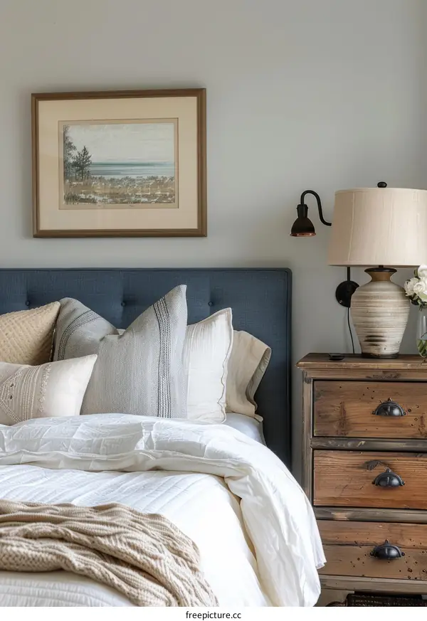 coastal bedroom with blue velvet bed and wooden nightstand