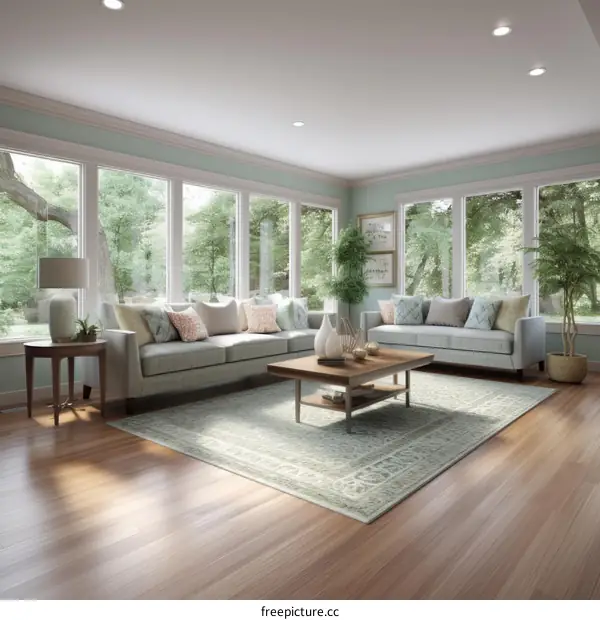 Airy living room with large windows and a patterned rug