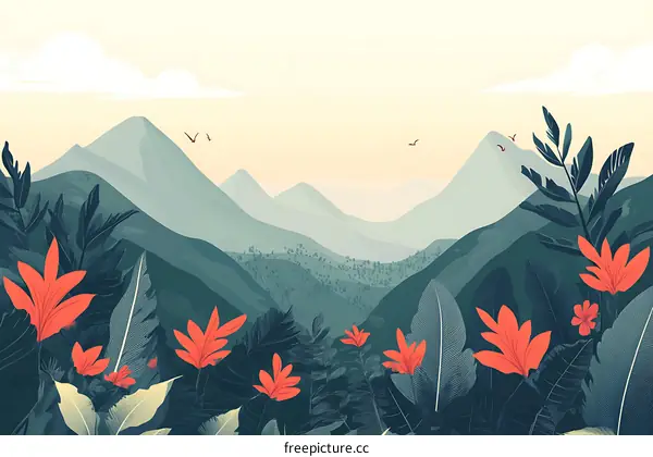 Mountain Landscape with Tropical Plants and Birds