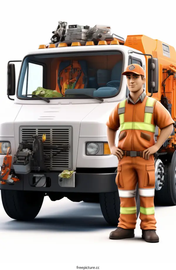 Waste Management Worker in Front of Garbage Truck