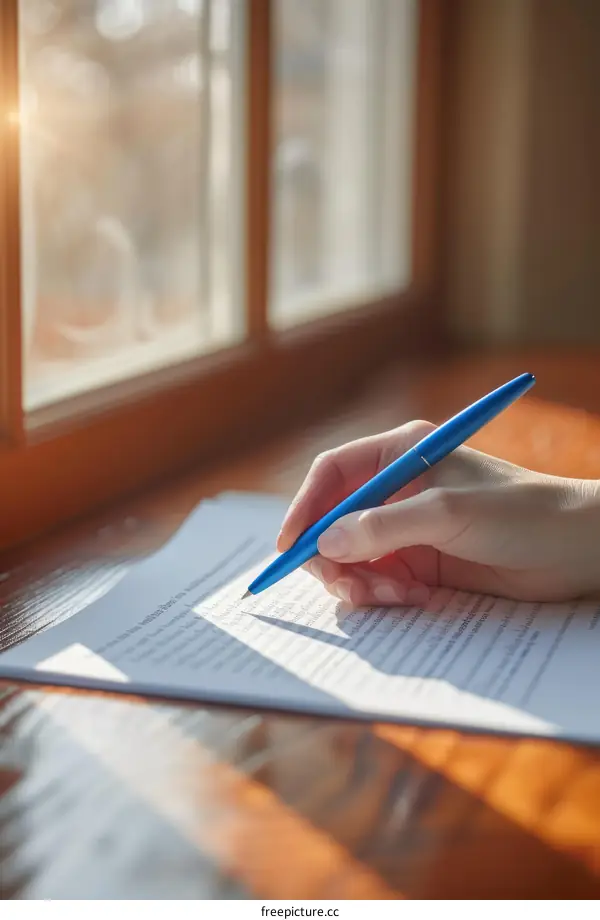 A person signing a document near the window