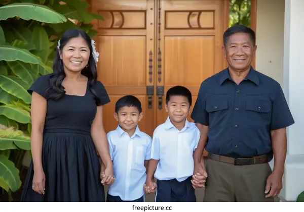 Happy family of four standing in front of their house
