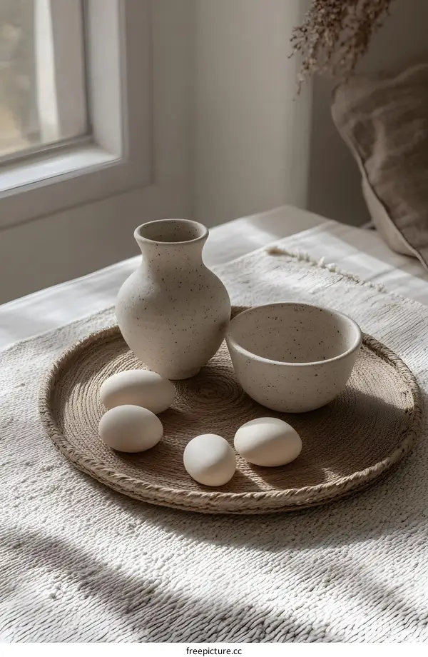 Minimalist White Ceramic Vase and Bowl on Natural Woven Tray