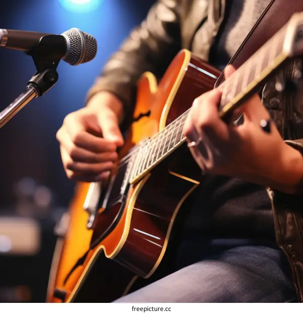 Close-up of a musician playing the guitar on stage