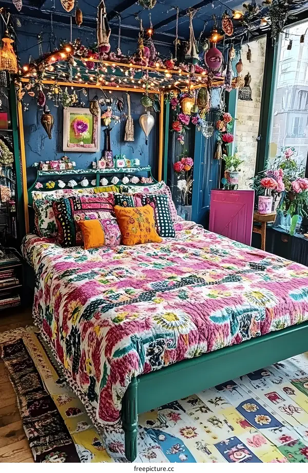 Bohemian Bedroom Decor with Floral Bedding and String Lights
