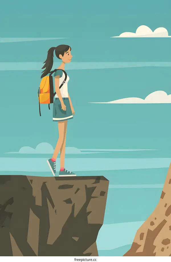 Woman with Backpack Standing at the Edge of Cliff