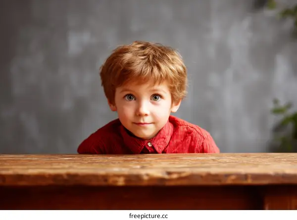 Cute Boy in Red Shirt Peeking Over Wooden Table